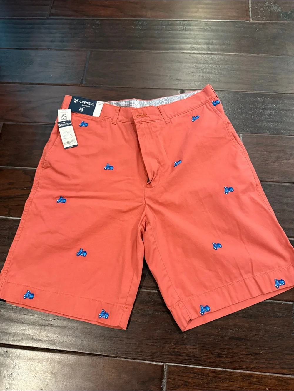Daniel Cremieux Coral Flat-Front Shorts with Blue Scooter Embroidery